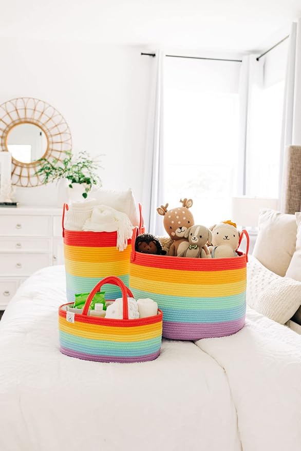 OrganiHaus Tall Rainbow Rope Blanket Basket for Living Room Decor, Cute Woven Baby Laundry Basket, Baby Nursery Hampers for Toys, Kids Laundry Hamper for Dirty Clothes, Decor for Kids Classroom-Ruum Studio Home