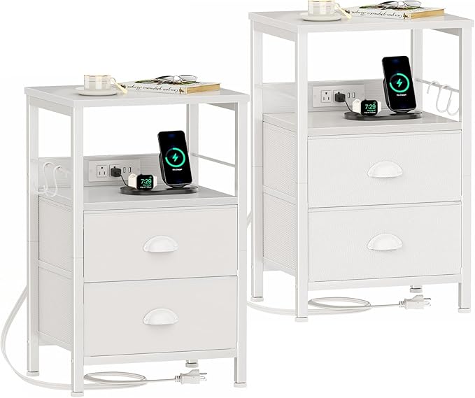 Furologee Nightstands Set of 2, Night Stands with Charging Station, Side Tables with 2 Fabric Drawers, End Tables with Storage Shelves, for Bedroom, White-Ruum Studio Home