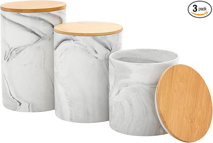 Farmlyn Creek Sugar & Coffee Container Set 3-Piece - White Marble Finish Ceramic Jar Set - Airtight Wood Lids - Ceramic Containers with Lids for Countertop Storage (5.9"/4.9"/3.9)-Ruum Studio Home