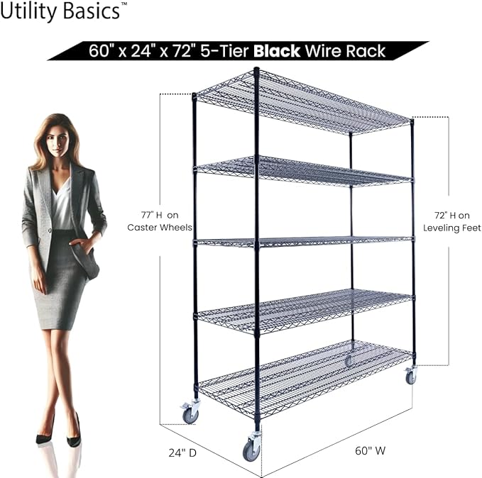 60"x24"x72" Black 5-Tier Premium Metal Wire Shelving NSF 4000 LBS MAX Capacity Heavy Duty Steel Storage Rack for Warehouse, Garage, Hospital, Commercial Space & School w/Premium Wheels-Ruum Studio Home