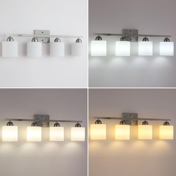 Stainless Steel Milk Glass Vanity Lights for Bathroom, 4 Light Brushed Nickel Bathroom Light Fixtures Over Mirror, Ceramic E26 Sockets Wall Mounted-Ruum Studio Home