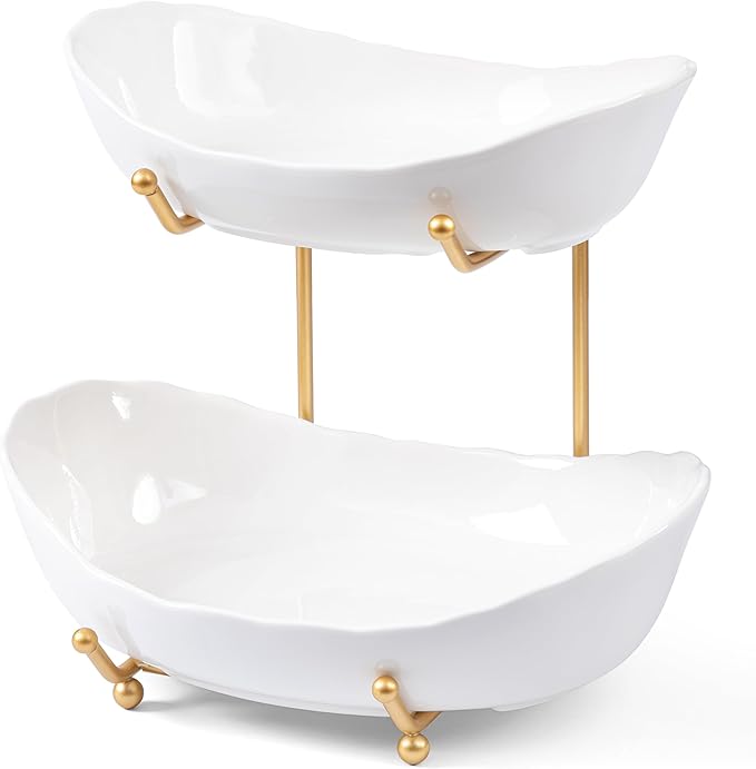 HBlife Fruit Bowl for Kitchen Counter - 2 Tier Fruit Basket with Metal Stand, Ceramic Fruit Holder for Fruit Vegetable Storage, Serving Platters Serving Trays for Party-Ruum Studio Home