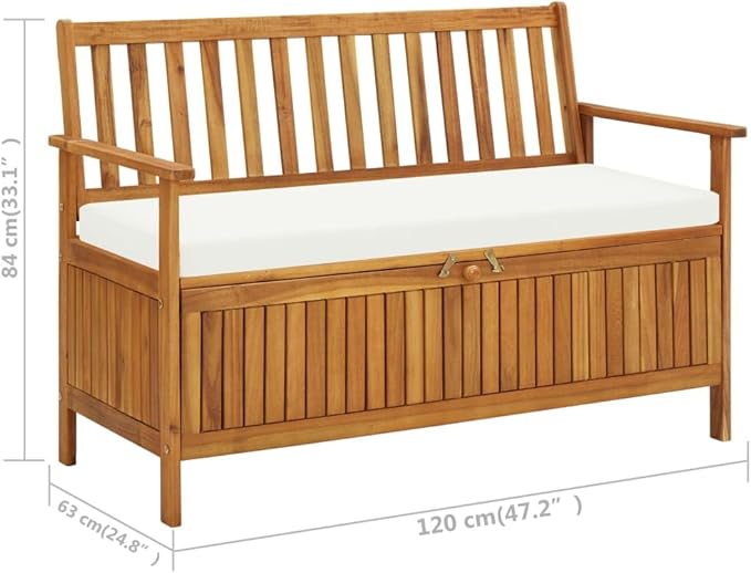 vidaXL Solid Acacia Wood Outdoor Storage Bench with Backrest, Armrests, and Cushion - 47.2"x24.8"x33.1" Rustic Patio Furniture with Large Storage Compartment-Ruum Studio Home
