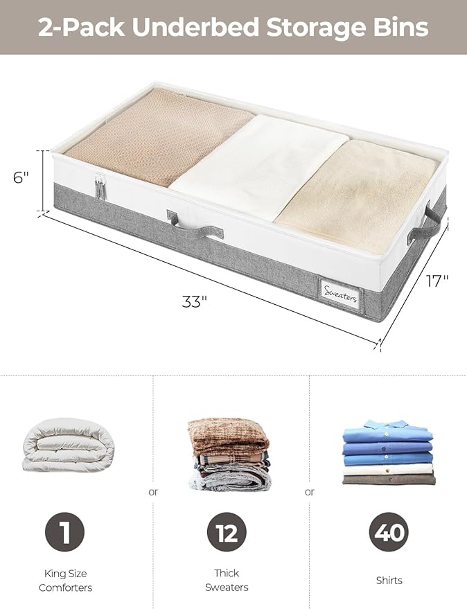 StorageWorks Large Under Bed Storage Containers with Handles and Label Holder, 2 Pack Ultra-thick Fabric Underbed Bins, Closet Organizer for Clothes, Blankets, Sweater-Ruum Studio Home