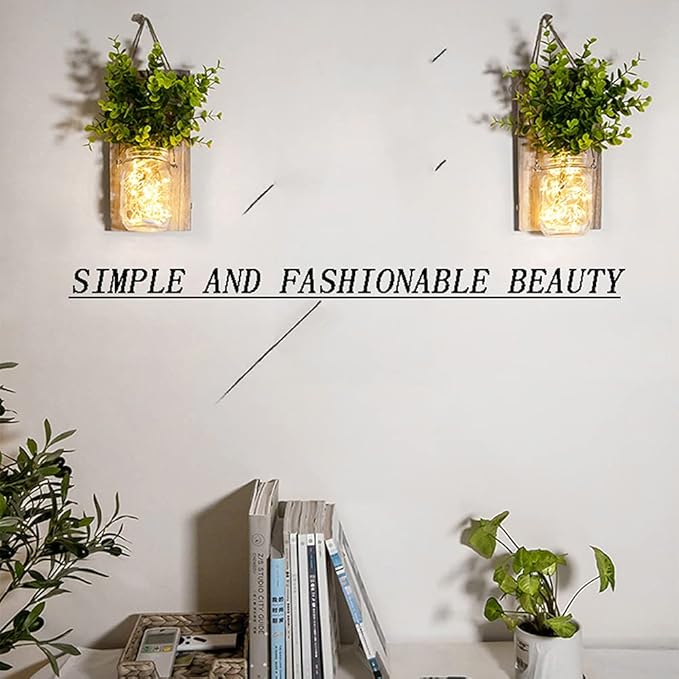 Rustic Wall Sconces, Mason Jar Sconces, Farmhouse Home Decor, LED Fairy Lights, Green Fake Plant, Interior Decoration Warm Toned Lighting. (2 Pack)-Ruum Studio Home