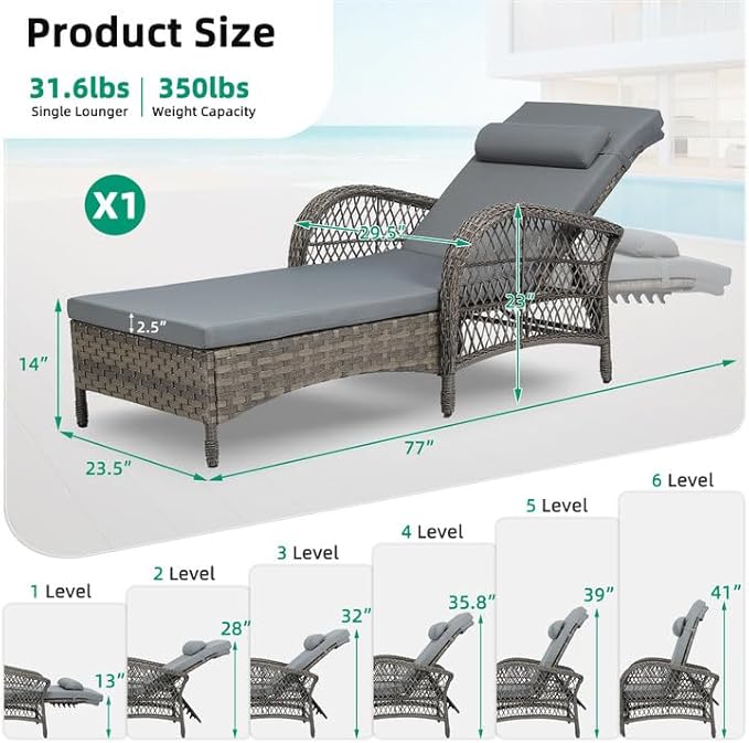 VIVIJASON Outdoor Wicker Chaise Lounge Chair, All-Weather PE Rattan Cushioned Patio Lounger Chair, 6-Position Adjustable Pool Sunbathing Recliner with Armrest & Pillow for Poolside Deck Yard, Gray-Ruum Studio Home