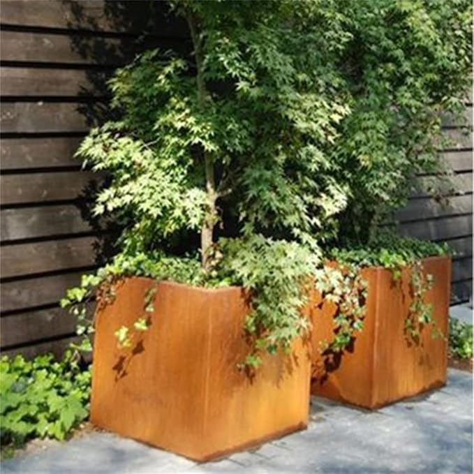 Corten Steel Planter Box Metal Outdoor Planter Large Square Cube Rustic Planter Pot Durable Antique Detached for Commercial Residential Tall Plant Patio Deck and Backyard 32 Inch-Ruum Studio Home