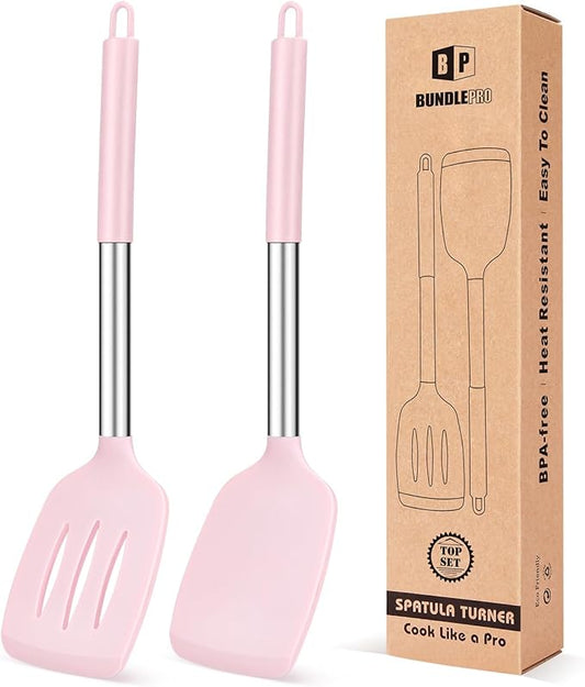 Pack of 2 Silicone Solid Turner, Non Stick Slotted Kitchen Spatulas, High Heat Resistant BPA Free Cooking Utensils, Ideal Cookware for Fish, Eggs, Pancakes(Pink)-Ruum Studio Home