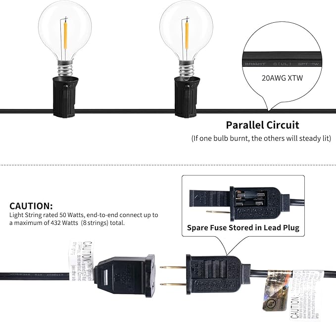 Brightown Led String Lights Outdoor 55Ft G40 Patio Lights with 52 Led Shatterproof Bulbs(2 Spare), Waterproof Led Globe Hanging Lights for Backyard Porch Bistro Balcony Decor, E12 Socket, 2200K-Ruum Studio Home