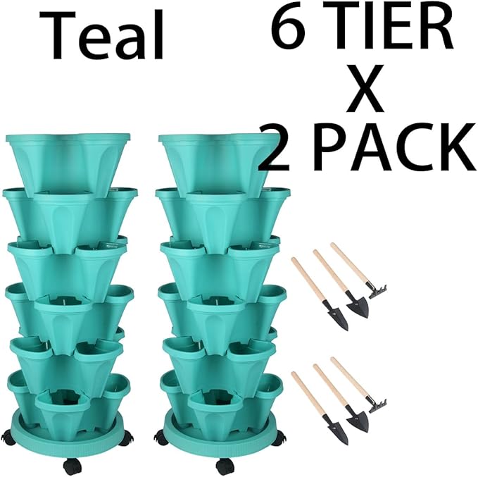 Vertical Planter 6 Tier Stackable Planters Garden Planters Strawberry Herb Flower and Vegetable Planter Indoor Outdoor Gardening Pots with Removable Wheels and Tools-Ruum Studio Home