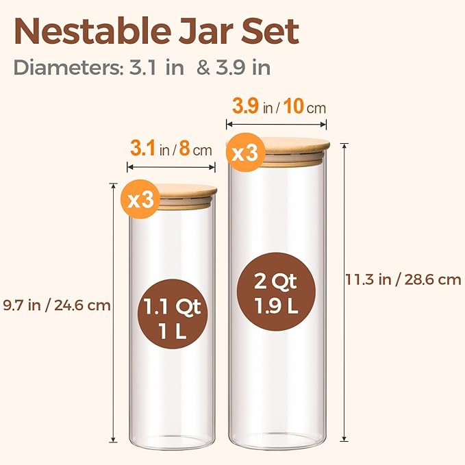 ComSaf Glass Food Storage Jars Set of 6, Tall Glass Storage Containers with Lids, Spaghetti Jar, Canisters Set for the kitchen, Pasta, Flour, Nuts, Oat, Coffee and Sugar Container, Pantry Organization-Ruum Studio Home