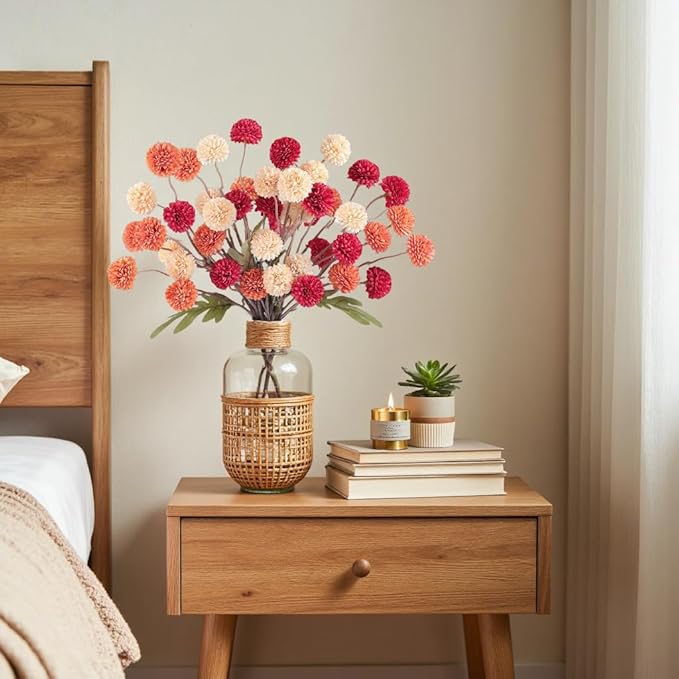 Faux Kiku Flowers Fall 10 Stems & 2 Eucalyptus, Fake Mums Pompon Flower Ball, Autumn Burnt Orange Artificial Chrysanthemums Flowers for Boho Decor, Mini Faux Kiku Flower Wedding Arrangements Decor-Ruum Studio Home