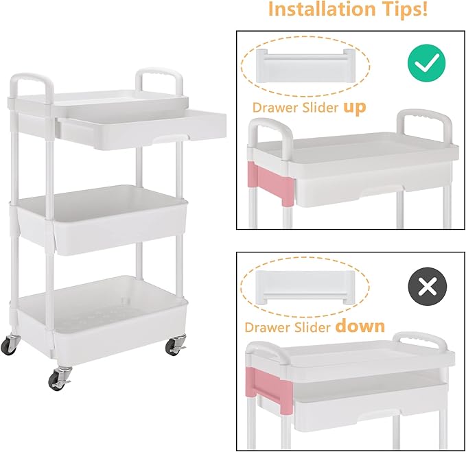 Calmootey 3-Tier Rolling Utility Cart with Drawer,Multifunctional Storage Organizer with Plastic Shelf & Metal Wheels,Storage Cart for Kitchen,Bathroom,Living Room,Office,White-Ruum Studio Home