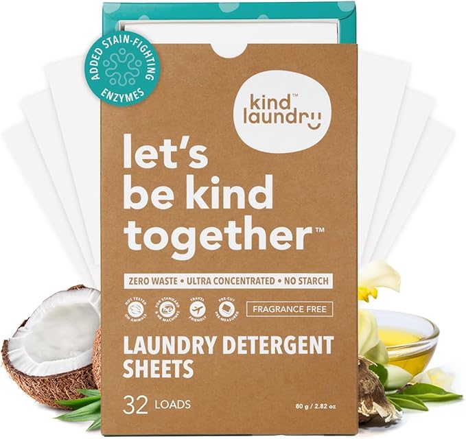 Kind Laundry Detergent Sheets with Stain-Fighting Enzymes - Plant Powered Eco-Friendly Laundry Soap Sheets - Home or Travel Laundry Detergent Fragrance Free, 32 Loads (Mom's Choice Award Winner)-Ruum Studio Home