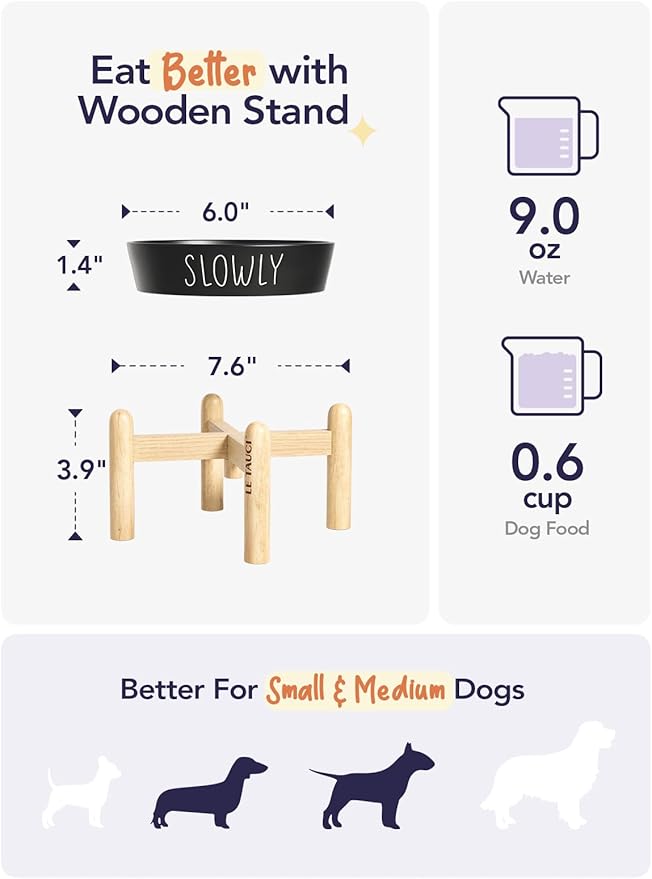 Ceramic Puzzle Slow Feeder Dog Bowl - 0.6 Cup Elevated with Wood Stand for Small Breeds, Black-Ruum Studio Home