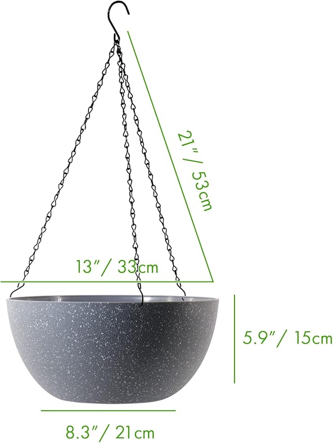 WOUSIWER 13 inch 2 Pack Large Hanging Planters for Indoor Outdoor Plants with Drainage Holes and Chain, Round Hanging Flower Pots for Garden Home Porch Decor, Grey Speckles-Ruum Studio Home