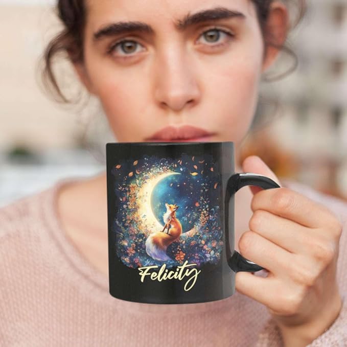 Personalized Name Ceramic Mug, Enchanted Forest Themed Decorative Cup, Custom Cute Fox With Crescent Moon Mug, Customized Floral Fox Coffee Cup 11oz 15oz, Animal Black Mug For Kids-Ruum Studio Home