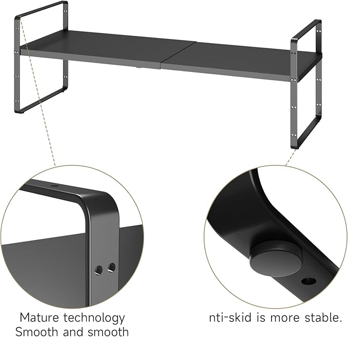 16.5~27.1" Expandable Shelf Organizer, 2Pack 10.2" Wide Stackable Cabinet Shelf Organizers, Black Metal Sturdy Kitchen Counter Storage for Countertop, Adjustable Height Spice Rack-Ruum Studio Home