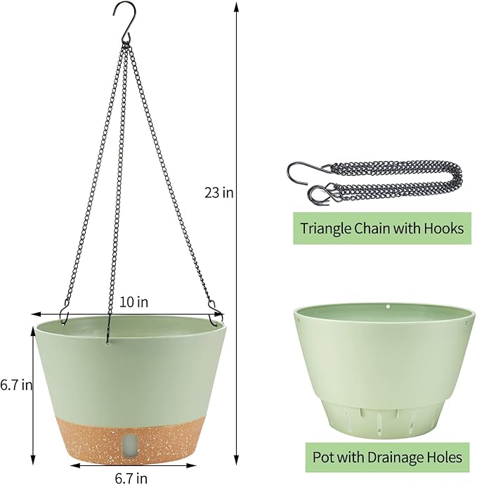 2 Pack Hanging Planters, 10 inch Indoor Outdoor Hanging Plant Pot Basket, Hanging Plastic Flower Pot with Drainage Hole with Removable Tray&Hooks for Hanging Plants,Green-Ruum Studio Home
