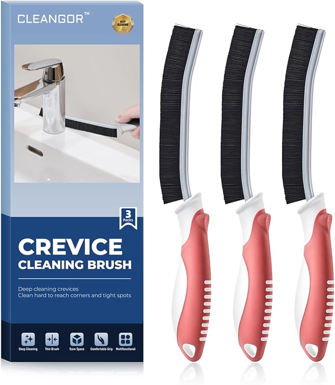 Crevice Cleaning Brushes, Scrub Brush for Hard to Reach Small Space, Home Essentials, Cleaning Supplies, Cleaning Tools for Household Use, Bathroom, Shower, Kitchen, Toilet, Window (3, Red)-Ruum Studio Home