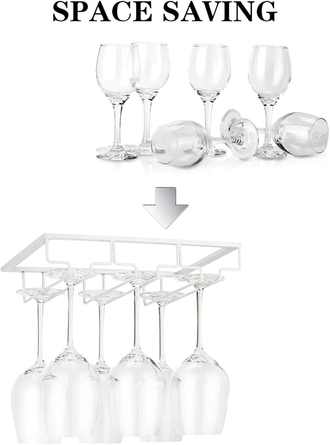 Wine Glass Rack - Under Cabinet Stemware Wine Glass Holder Glasses Storage Hanger 2 Pack Metal Organizer for Bar Kitchen White-Ruum Studio Home