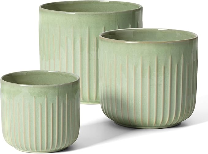 LE TAUCI Fluted Ceramic Planters Set of 3 – 8.3/7 / 5.7 in Sage Green Reactive Cylinder Indoor Plant Pots with Drainage Plug & Mesh, Glossy Stoneware Flower Pots for Succulents Herbs-Ruum Studio Home