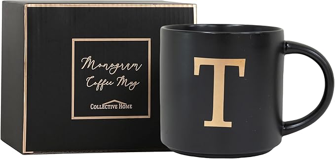 COLLECTIVE HOME - Monogram Ceramic Mugs, 15 oz Golden Initial Black Coffee Cups, Elegant Alphabet Tea Mugs, Elegant Personalized Mug with Gift Box, Unique Mug with Double Side Capital Lette (T)-Ruum Studio Home