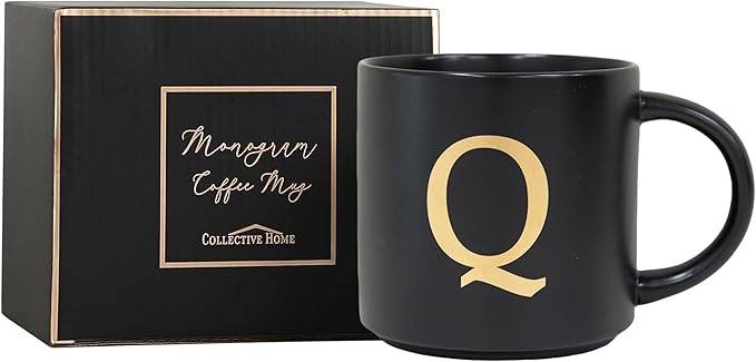 COLLECTIVE HOME - Monogram Ceramic Mugs, 15 oz Golden Initial Black Coffee Cups, Elegant Alphabet Tea Mugs, Elegant Personalized Mug with Gift Box, Unique Mug with Double Side Capital Lette (Q)-Ruum Studio Home