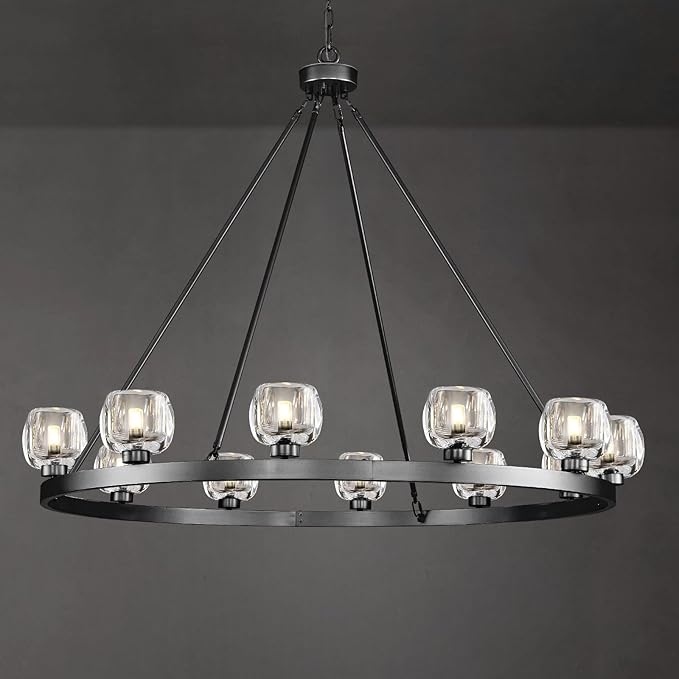 Black Wagon Wheel Chandelier, 48 Inch Black Chandeliers with Unique Glass Shade, 12-Light Crystal Large Wagon Wheel Chandeliers for Dining Room, High Ceiling Round Chandelier for Living Room, Foyer-Ruum Studio Home
