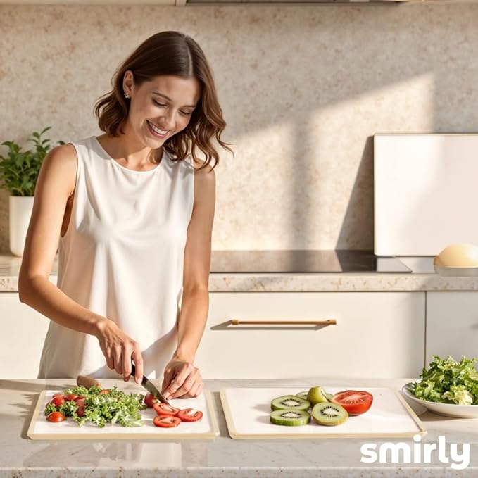 SMIRLY Plastic Cutting Board Set with Holder 4 Pieces, Non-Slip Dishwasher Safe Chopping Boards for Kitchen, Cream White-Ruum Studio Home