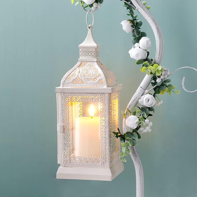 TRIROCKS Rustic Style Metal Candle Lantern 13'' High Decorative Outdoor Lantern Candle Holder with Tempered Glass for Thanksgiving Christmas Living Room Garden Patio Parties Indoors Outdoors (Cream)-Ruum Studio Home