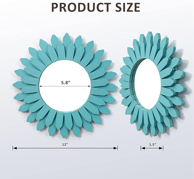 Honiway Beach Wall Decor Mirror 2 Pack 12 inch Wood Coastal Wall Decor Sunburst Boho Home Decor Room Decor for Bedroom Living Room Entryway Cyan-Ruum Studio Home
