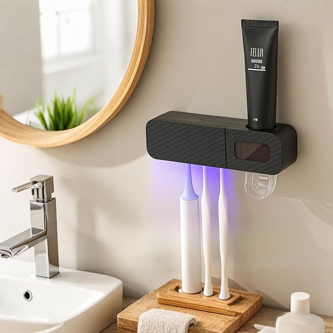 Smart Toothbrush Holder for Bathrooms, Toothbrush Cleaner Wall Mounted, Automatic Toothpaste Dispenser for Equipped with 3 Slots (Black)-Ruum Studio Home