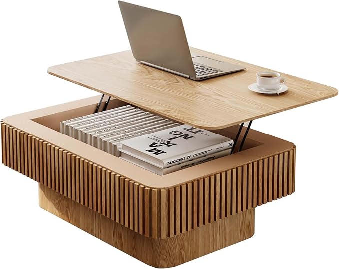 Lift Top Coffee Table with Storage, Solid Wood Coffee Table with Adjustable Height, Fluted Center Table Accent Tea Table for Living Room, Apartment, Office (38.6" Natuall)-Ruum Studio Home