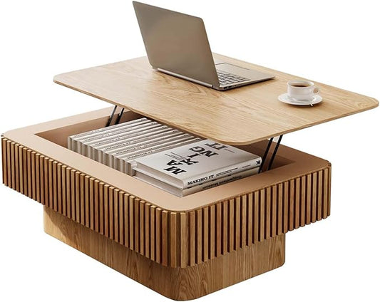 Lift Top Coffee Table with Storage, Solid Wood Coffee Table with Adjustable Height, Fluted Center Table Accent Tea Table for Living Room, Apartment, Office (38.6" Natuall)-Ruum Studio Home