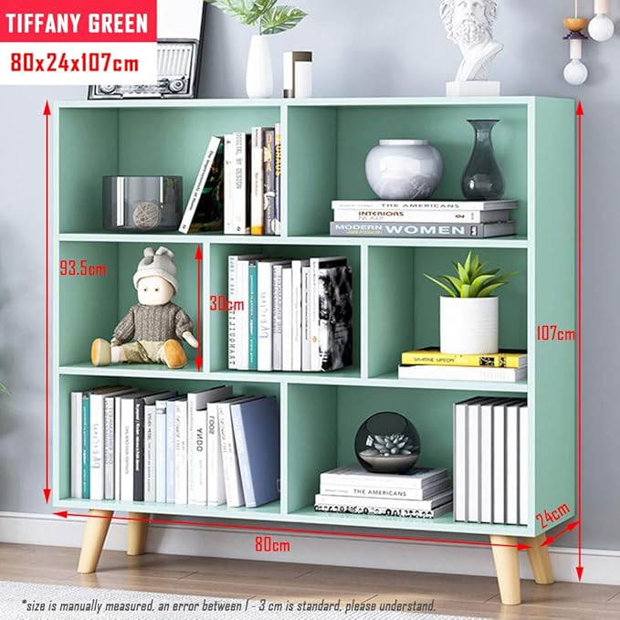 IOTXY Wooden Open Shelf Bookcase - 3-Tier Floor Standing Display Cabinet Rack with Legs, 7 Cubes Bookshelf, Tiffany-Green-Ruum Studio Home