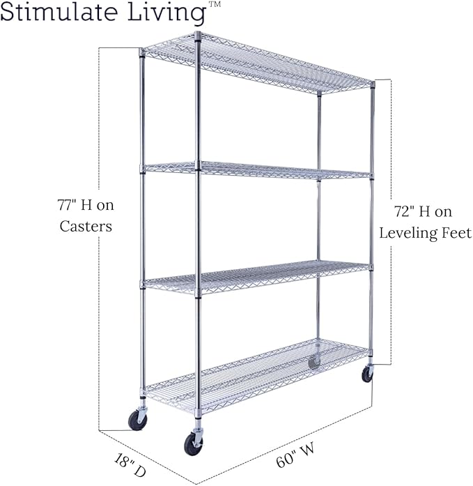 60"x18"x72" Prime Heavy Duty Chrome 4-Tier Wire Shelving NSF 3200 LBS MAX Capacity Storage Rack for Commercial, Hospital, School, Garage, and Kitchen Uses (with Wheels)-Ruum Studio Home