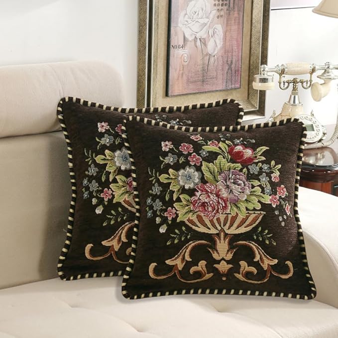 Set of 2 Brown Vintage Embroidered Throw Pillow Covers 18x18in，Floral Embroidered Cushion Cover for Sofa Couch Bed Burgandies Pillow Cover Brown-Ruum Studio Home