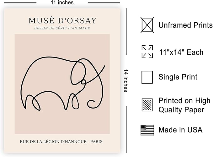 Poster Master Vintage Poster - Retro One Line Elephant Drawing Print - Elephant Art - Minimal Gift for Men, Women, Animal Lover - Abstract Wall Decor for Home, Office - 11x14 UNFRAMED Wall Art-Ruum Studio Home