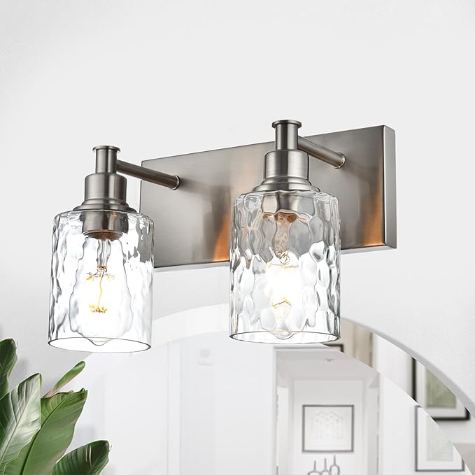 BONLICHT Modern Bathroom Light Fixtures in Brushed Nickel Finish, 2 Light Industrial Indoor Wall Sconce Farmhouse Vanity Lighting Over Mirror with Hammered Glass Contemporary Hallway Wall Mount Lamp-Ruum Studio Home
