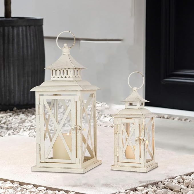 Lanterns Decorative Outdoor&Indoor, Set of 2 (14"&10") Beige Metal Lantern Decor with Glass, Candle Holder for Porch, Patio, Garden, Balcony, Wedding, Table Centerpiece-Ruum Studio Home