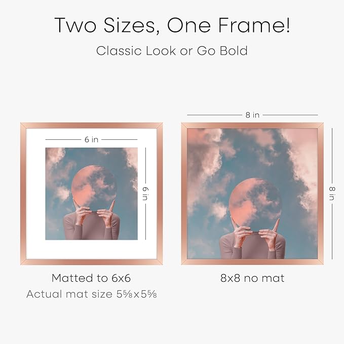 Homeforia Rose Gold Frame 8x8, High End Metal 8 x 8 Square Picture Frames with Mat 6 x 6 Art, 8x8 Photo Frame Matted to 6x6 inch Print, 8by8 Wall or Tabletop Frames, Tempered Glass, Wall Kit, Set of 1-Ruum Studio Home
