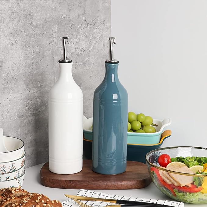 Sweejar Large Ceramic Olive Oil Dispenser Bottle, Opaque Oil Cruet Protects Oil to Reduce Oxidation, Suitable for Storage Oil, Vinegar, Soy Sauce & Other Liquids, Pack of 1, 24 Fl Oz (Fog Blue)-Ruum Studio Home
