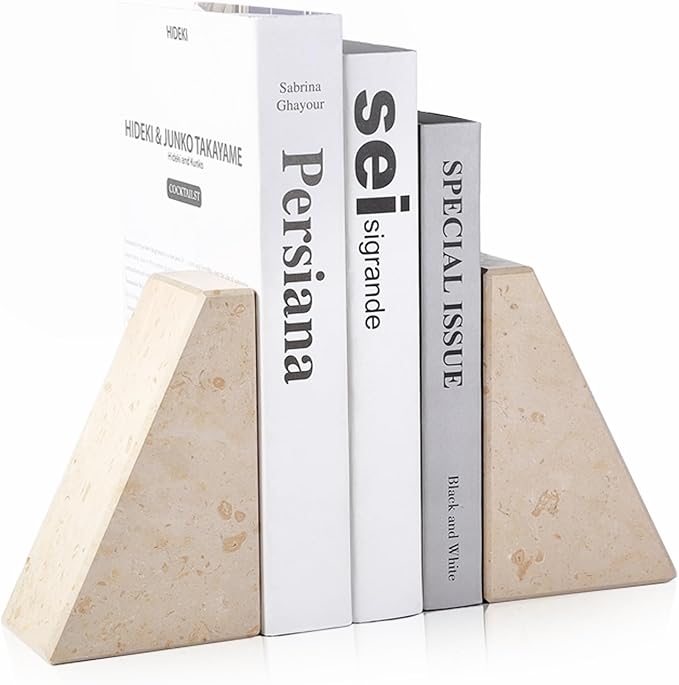 Marble Bookends for Heavy Books, Decorative Book Ends for Shelves, Beige Stone Durable and Heavy-Duty Book Ends for Hardback Books & CDS, Unique Book Stopper & Holder, Set of 2-Ruum Studio Home