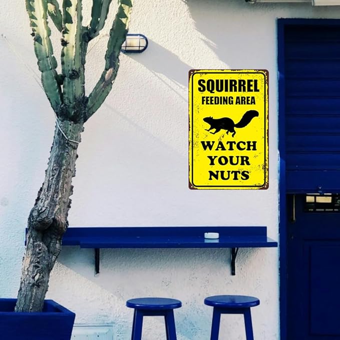 Squirrel Sign Funny Metal Sign Squirrel Feeding Area Watch Your Nuts Signs Vintage Tin Sign For Home Outdoor Garage Wall Decoration 8x12inch-Ruum Studio Home