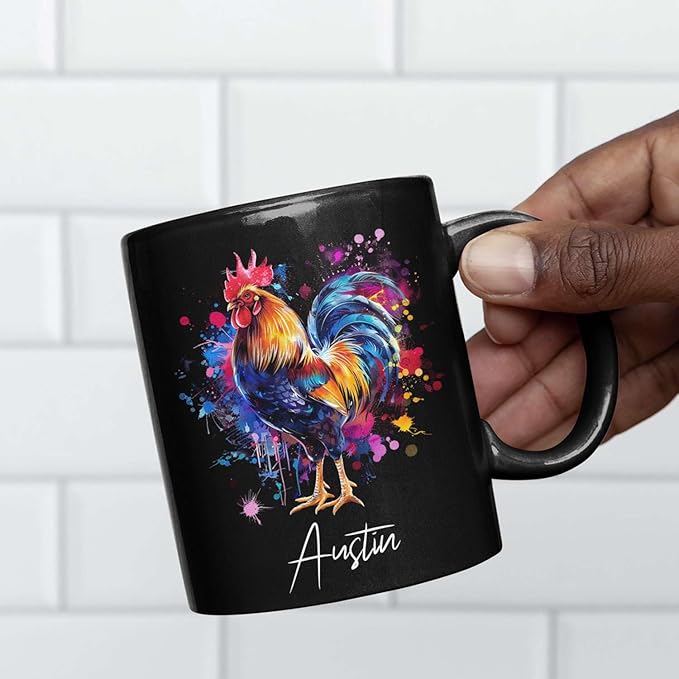 Customized Name Rooster Coffee Mug - Gift for Men Women, Personalized Black Cup, Unique Chicken Ceramic 11oz 15oz, Funny Colorful Themed-Ruum Studio Home