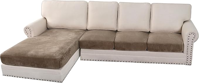 H.VERSAILTEX Velvet Stretch Sectional Couch Covers 4 Pieces Sofa Seat Cushion Covers L Shape Separate Couch Cover for Both Left/Right Sectional Couch (Large Sofa 3 Seater + 1 Chaise, Mocha)-Ruum Studio Home