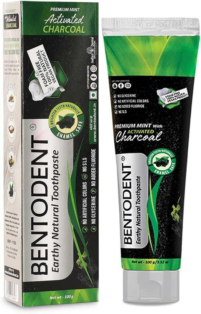 BENTODENT Teeth Whitening Bentonite Clay & Activated Organic Charcoal Toothpaste & Scraper - Detox,Tea Tree, Fluoride Free Adult, Vegan, Travel 3.52 oz-Ruum Studio Home