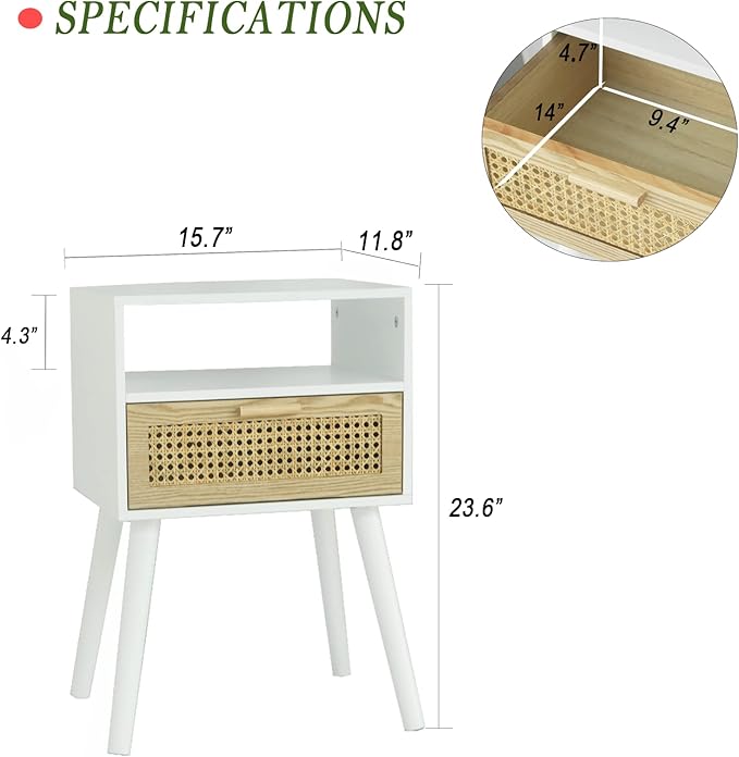 MaxSmeo White Nightstand with Drawer, Mid Century Modern Nightstand, Rattan Side Table, End Table with Storage for Living Room, Bedroom and Small Spaces, Easy Assembly (White)-Ruum Studio Home