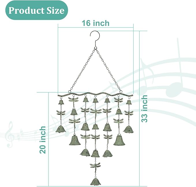 Dragonfly Wind Chimes for Outside, Large Strung Verdigris Windchimes with Wrought Iron Bell for Garden, Patio, Porch Outdoor Decor, Memorial Sympathy-Ruum Studio Home